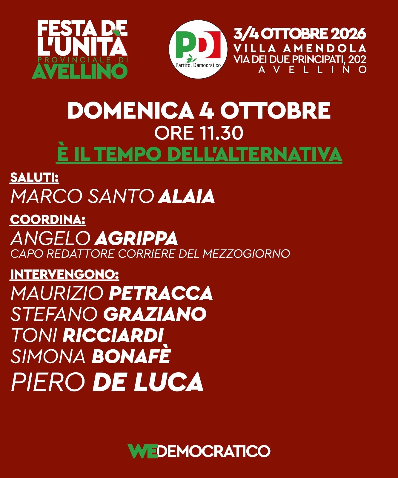 Festa dell’Unità Pd, domani Piero De Luca ad Avellino per la chiusura